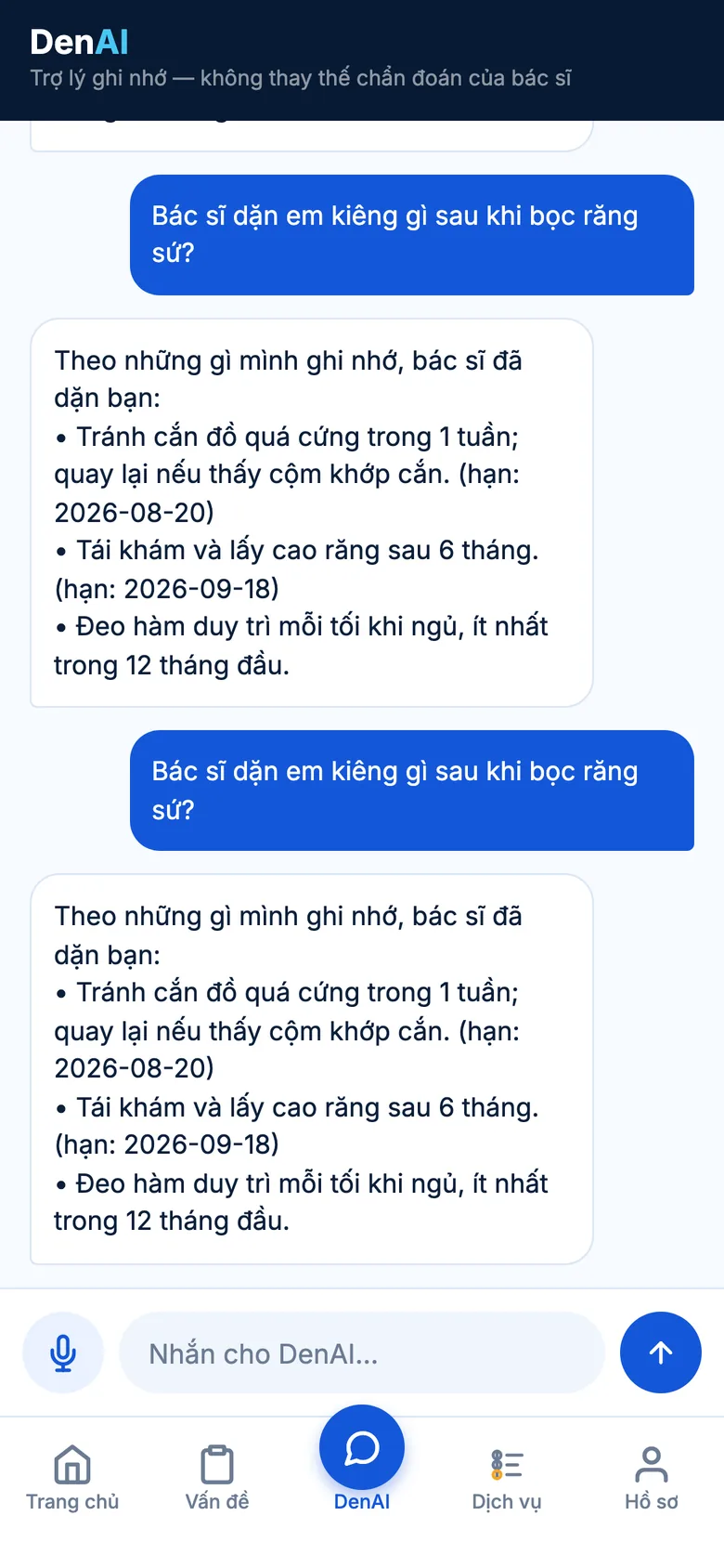 Màn hình trợ lý DenAI trả lời câu hỏi dựa trên lời dặn của bác sĩ đã lưu