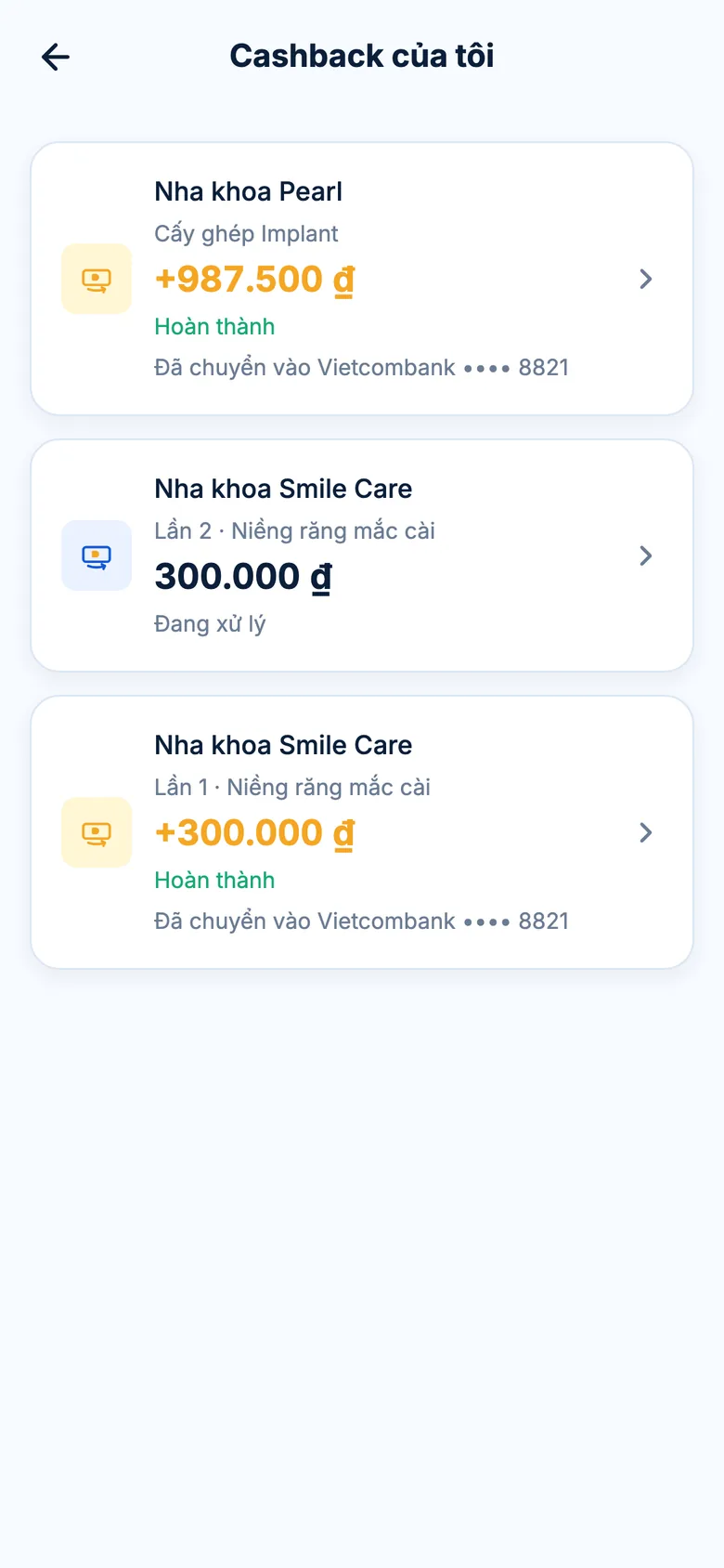 Màn hình Cashback của tôi trong DenAI với các khoản đã chuyển về tài khoản ngân hàng