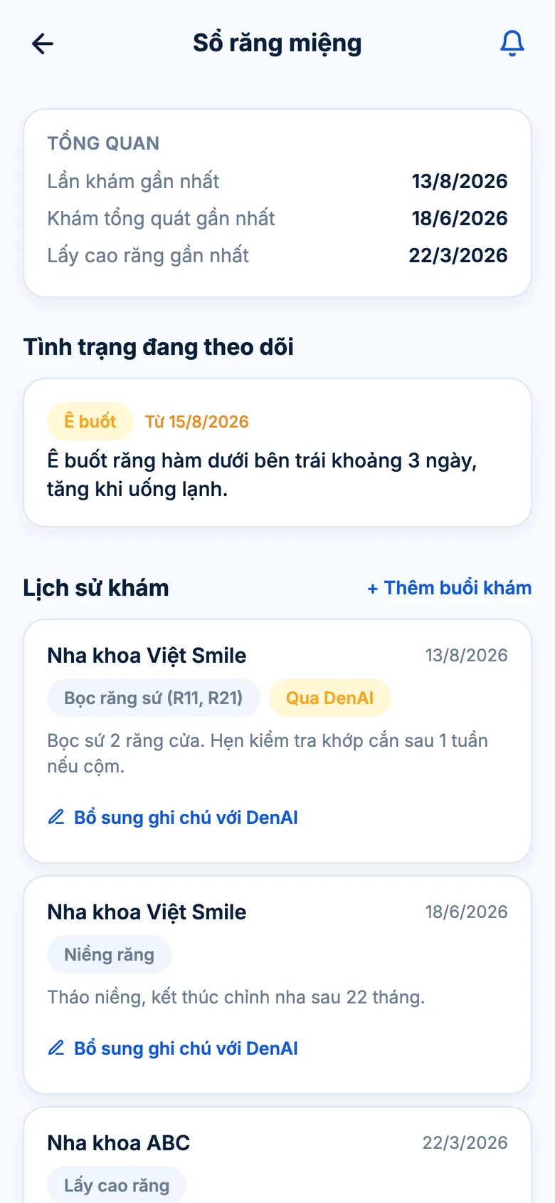 Màn hình Sổ răng miệng trong ứng dụng DenAI: tổng quan các mốc khám và lịch sử từng buổi