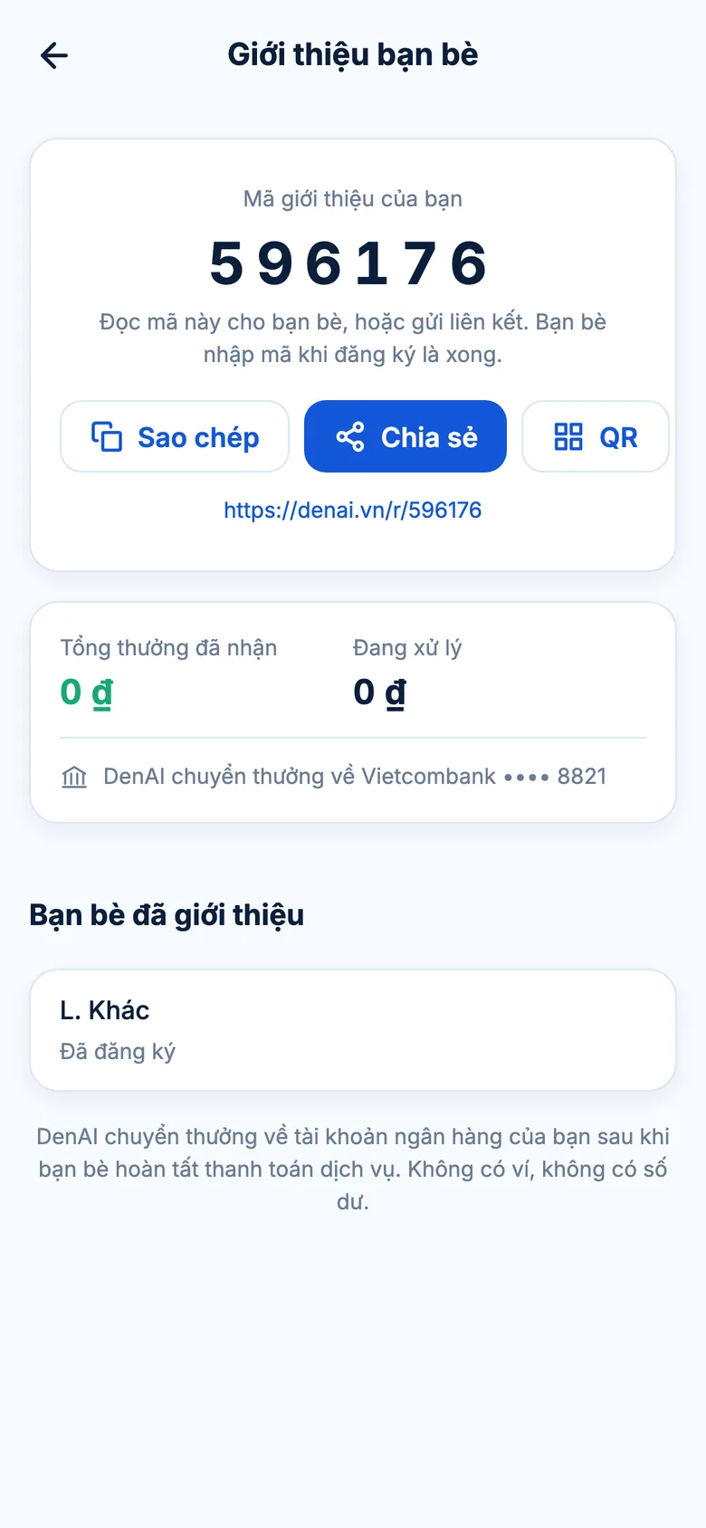 Màn hình Giới thiệu bạn bè trong DenAI với mã giới thiệu sáu số