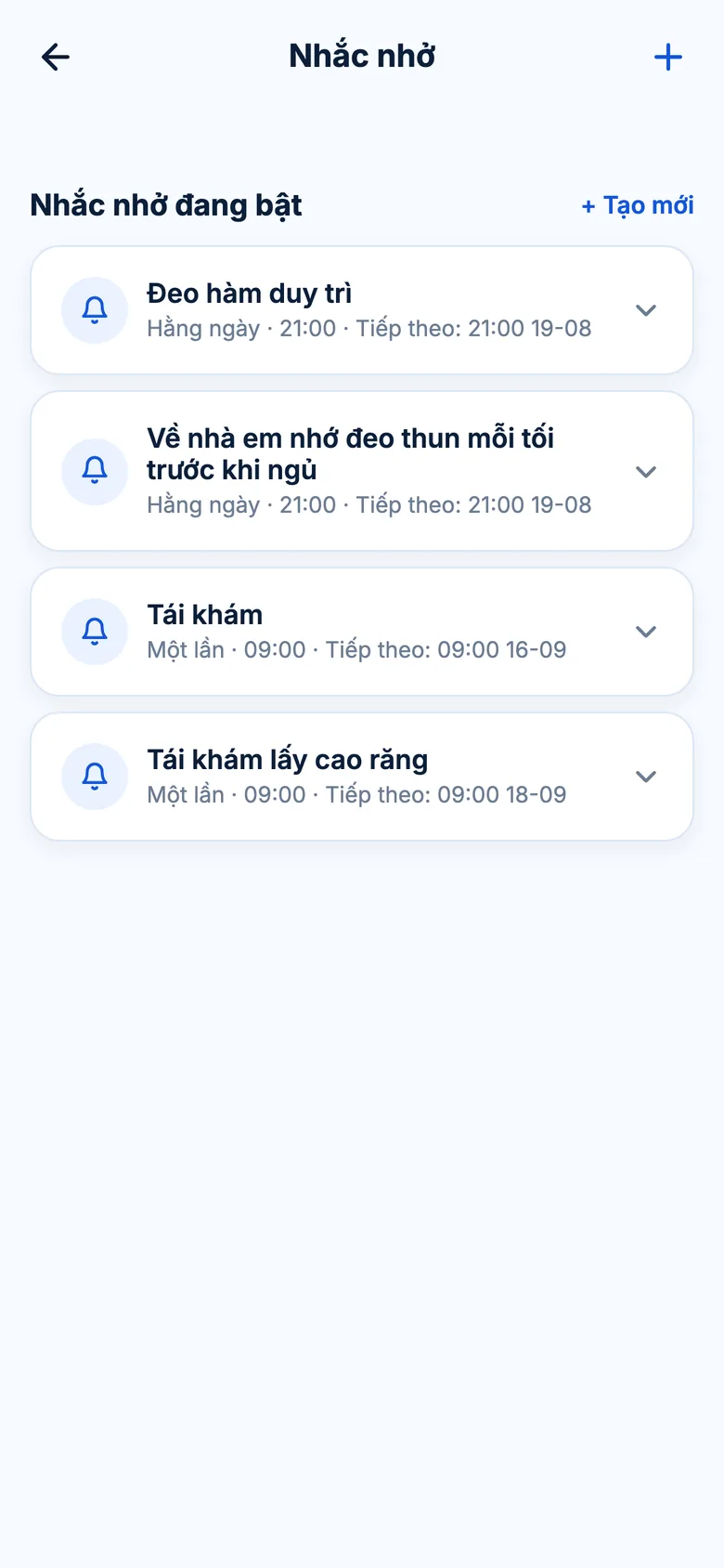 Màn hình Nhắc nhở trong DenAI với các lịch nhắc đeo hàm duy trì và tái khám