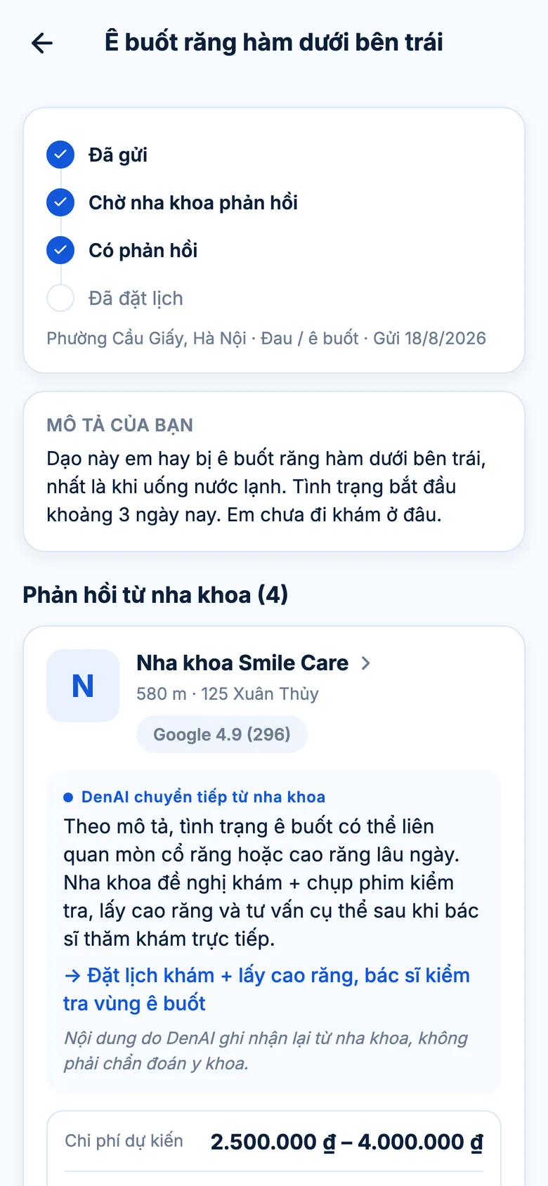 Màn hình chi tiết một vấn đề trong DenAI với bốn phản hồi từ nha khoa kèm chi phí dự kiến
